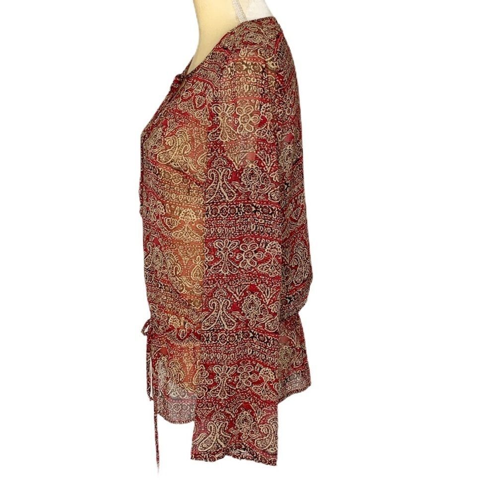 Womens Top Sheer Multicolored Henley V Neck Tie Large - Picture 3 of 6
